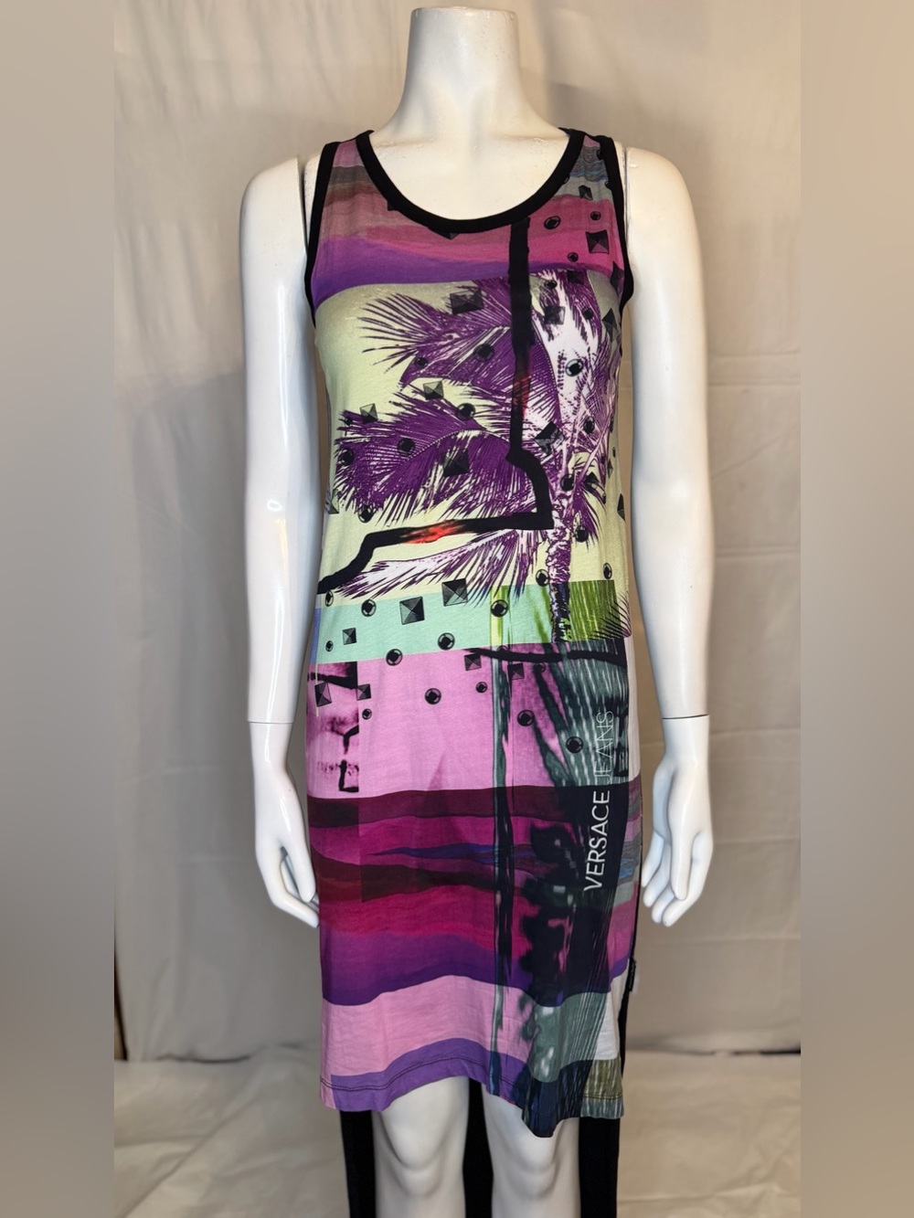 Versace Printed Sleeveless Midi Dress in Purple & Mint - Picture 3 of 6